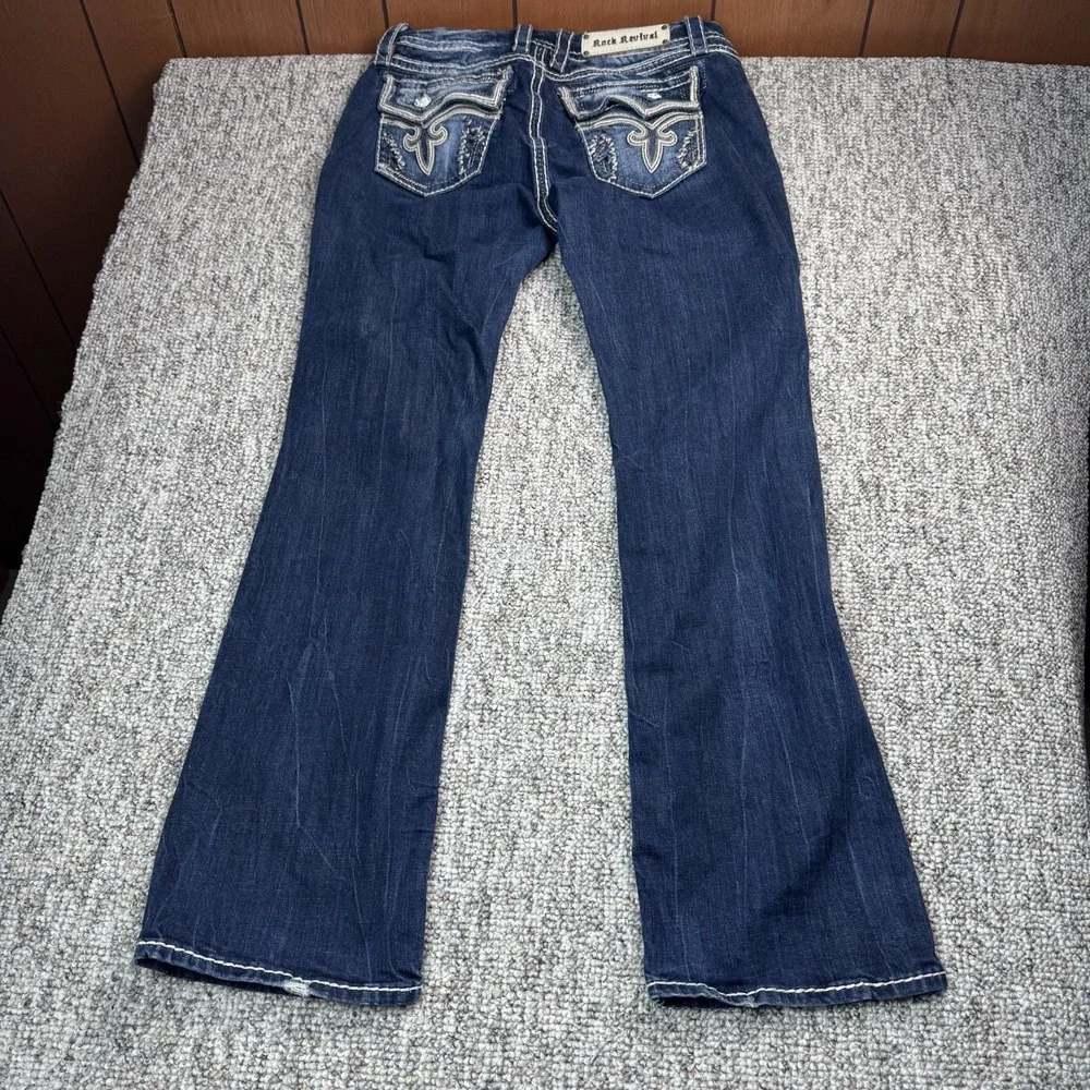 Rock Revival Kai Jeans Womens 30 Fits 32x32 Easy Boot Rhinestone Blue Denim - Picture 13 of 15